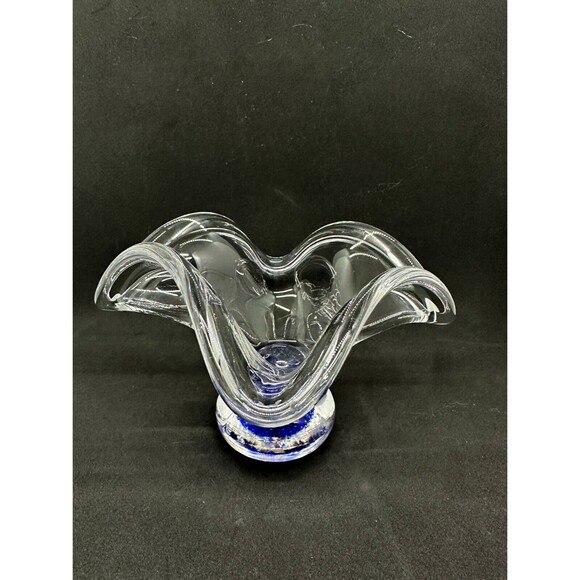 Hand Blown Art Glass Bowl Controlled Bubbles Wavy Pedestal Polished *flaw* - Picture 2 of 12